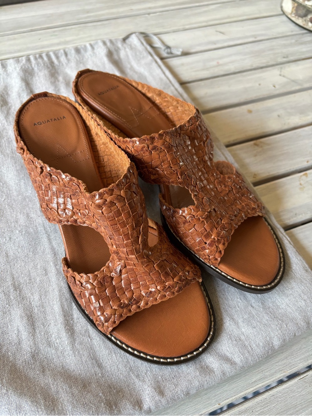 Aquatalia Brown Woven Leather Block Heel Mule Sandals 6.5 Italy - Picture 8 of 11
